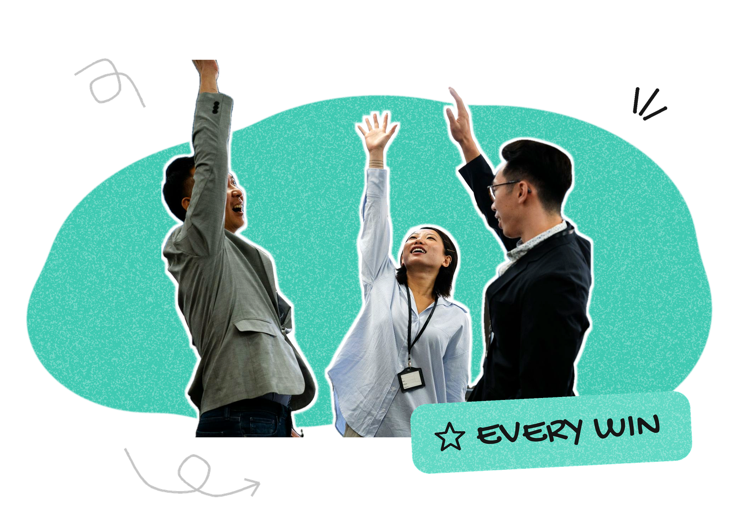 Three coworkers celebrating with a high five